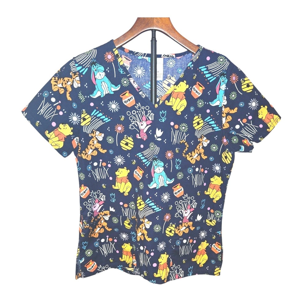 Disney Winnie The Pooh Scrub Top Womens Sm Navy Floral Tigger Piglet SLL17700TE
